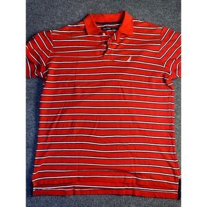 Nautica Polo Shirt Mens‎ Medium Red Striped High Low Slit Pony Logo Collared